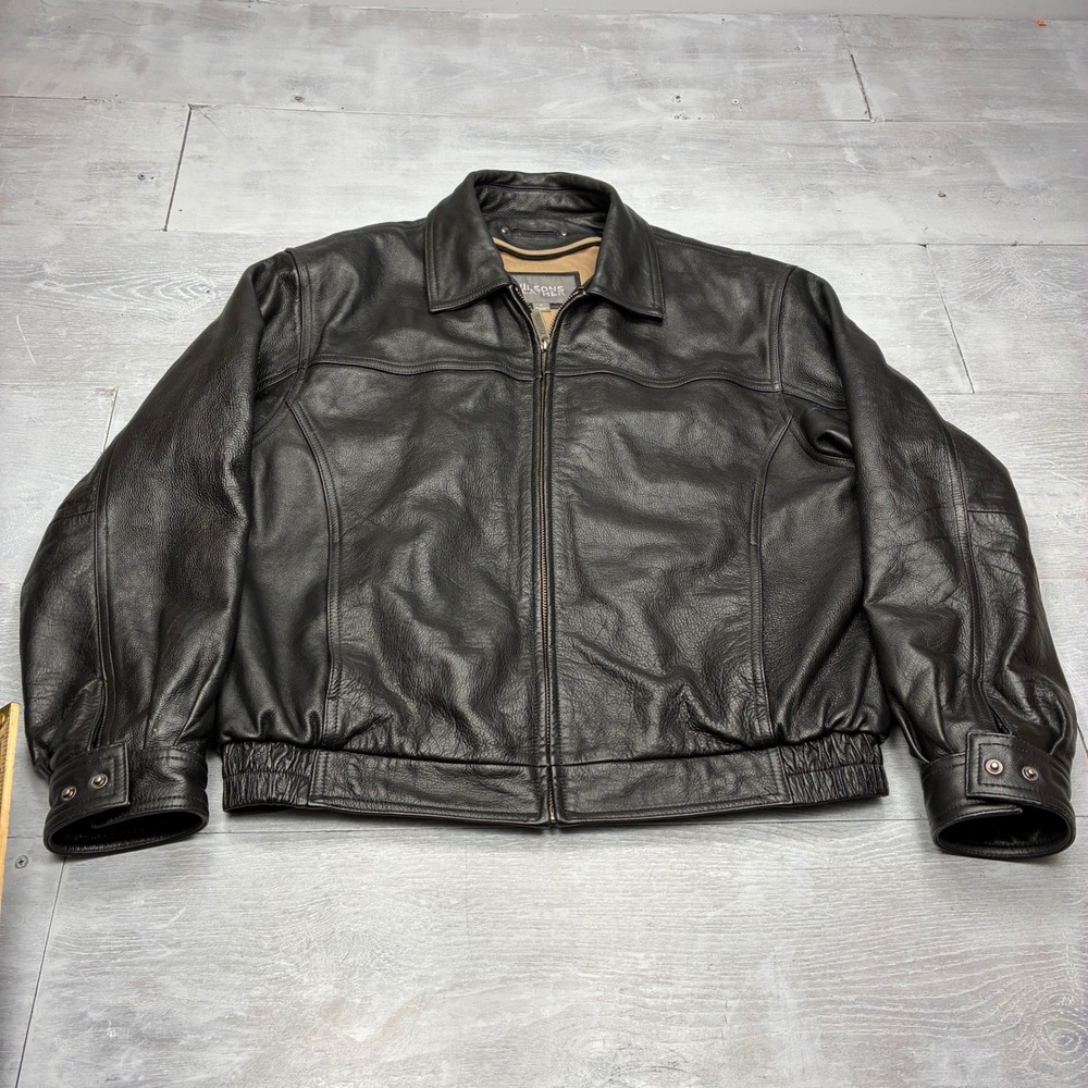 Wilsons Leather Bomber Jacket Mens Large Black Pebbled Leather Full Zip Coat
